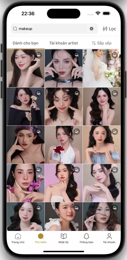 Màn hình tìm kiếm thợ trang điểm theo phong cách